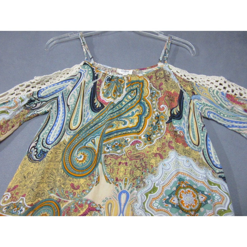Umgee Top Womens Small Multi Paisley Cold Shoulder Crochet Trim Bell Sleeve Boho - Picture 5 of 14